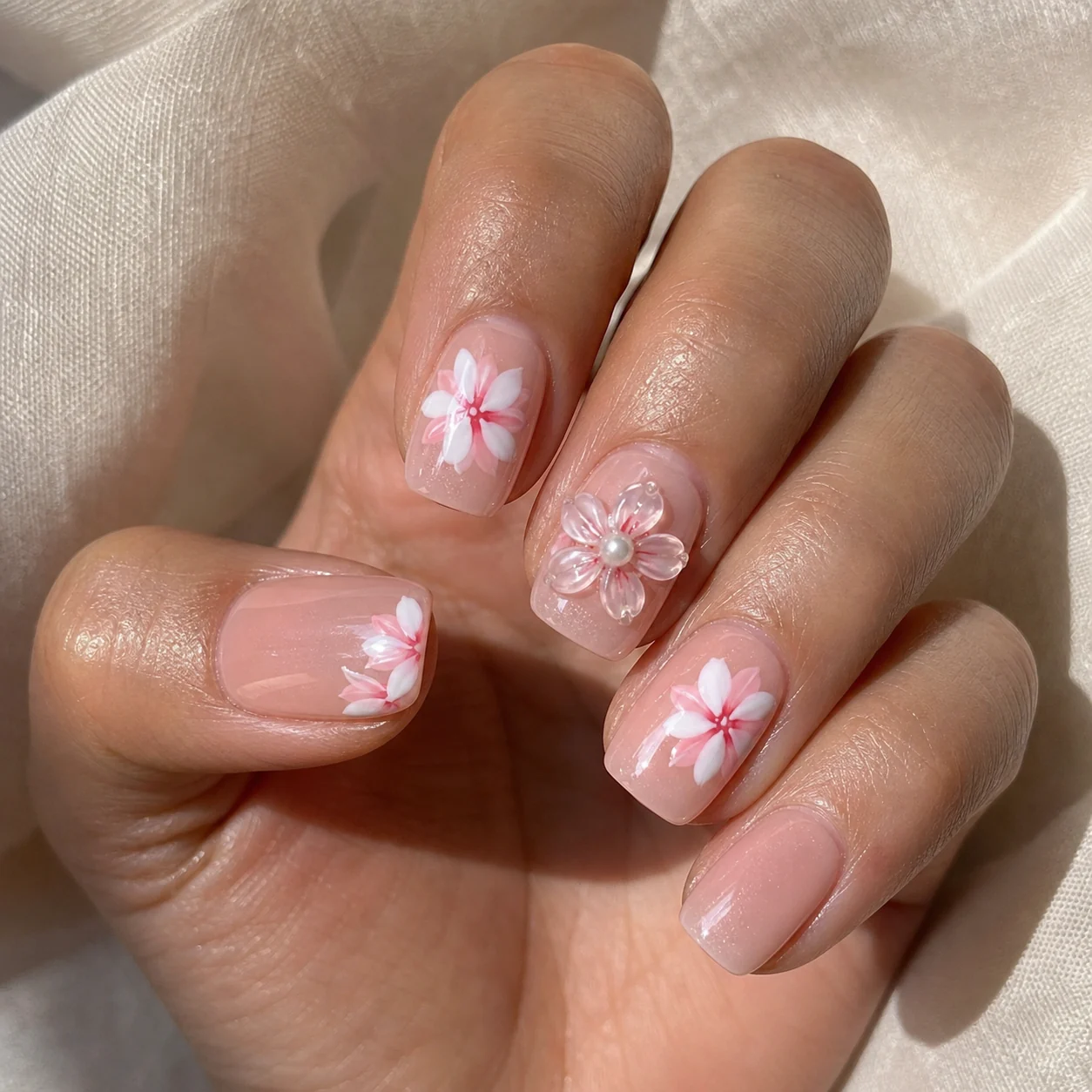 Model wearing Sweet Floral Bow press-on nails, short square