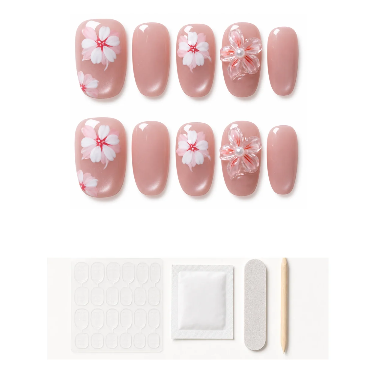 Application kit with glue and tools for Romantic Cherry Blossom press-on nails