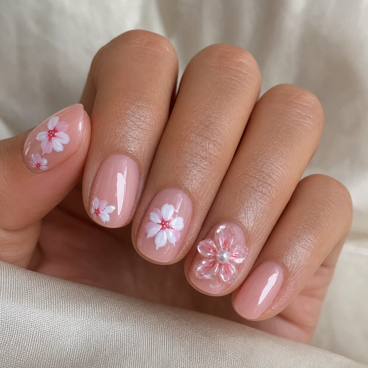 Model wearing Romantic Cherry Blossom press-on nails, short oval