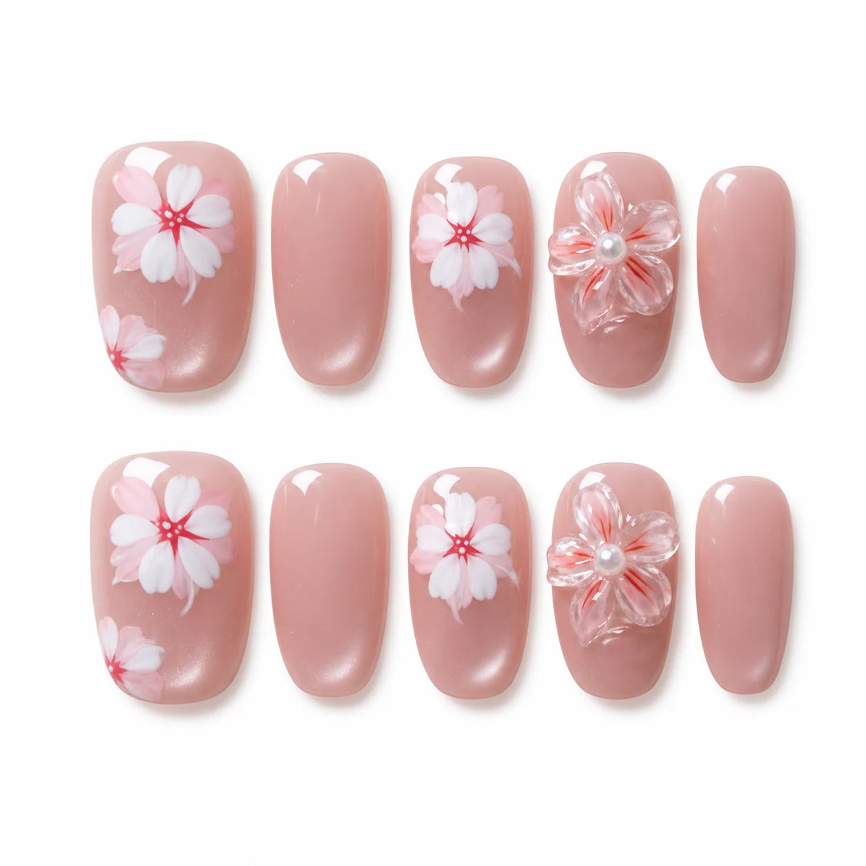 Romantic Cherry Blossom press-on nails with cherry blossoms and ribbons
