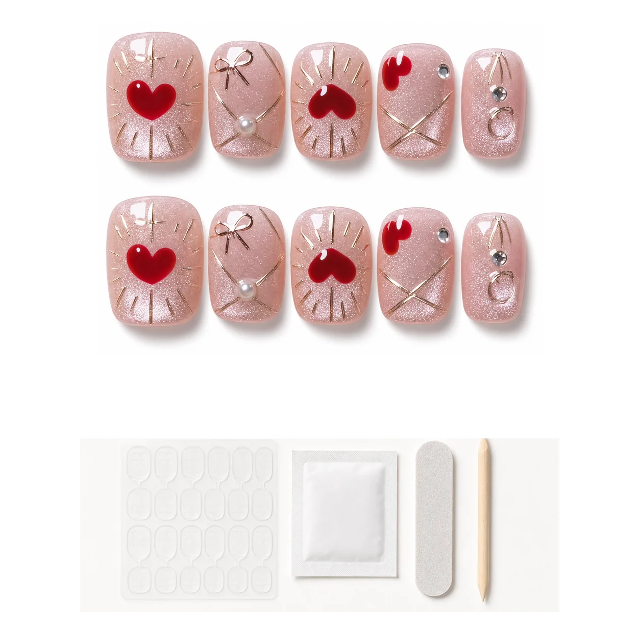 Application kit with glue and tools for Sweetheart Ribbon press-on nails
