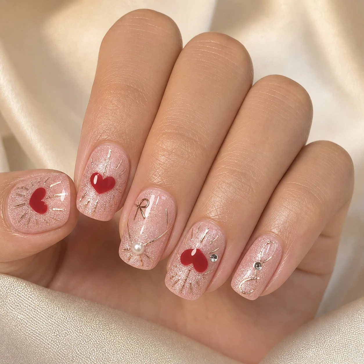 Model wearing Sweetheart Ribbon press-on nails, short square