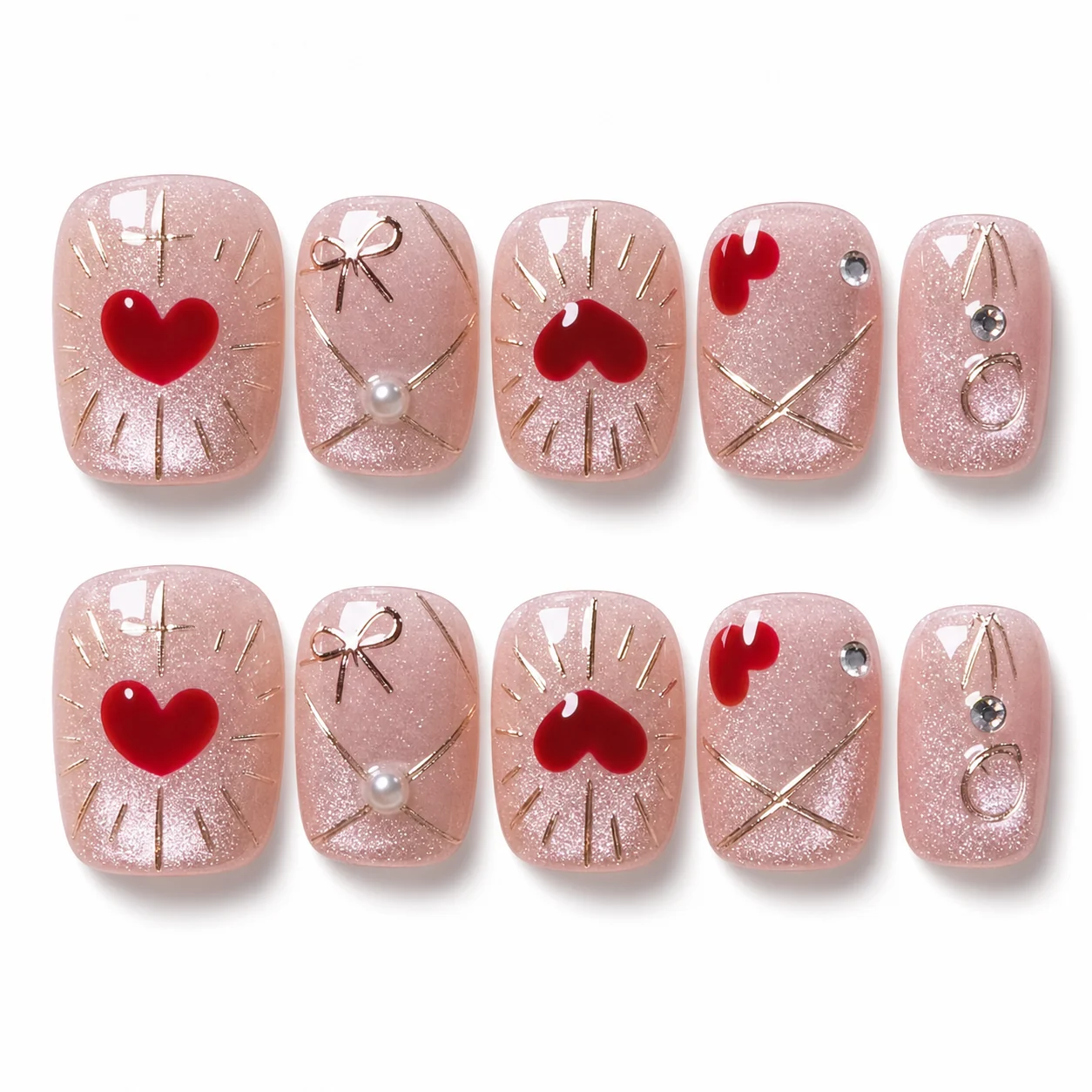 Sweetheart Ribbon press-on nails with red hearts and ribbons