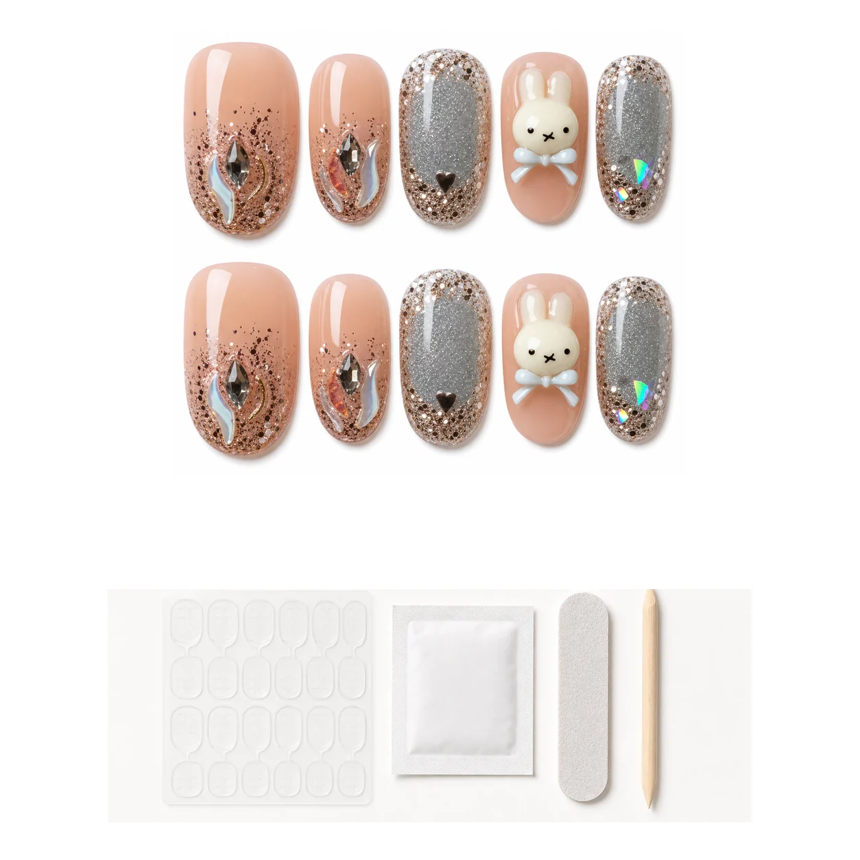 Application kit with glue and tools for Woodland Bunny Chrome press-on nails