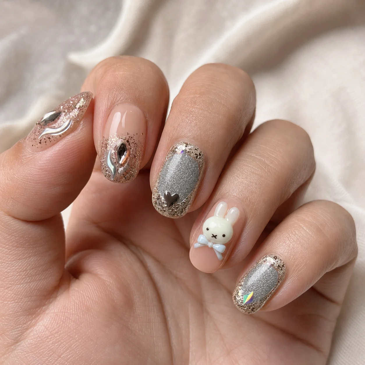 Model wearing Woodland Bunny Chrome press-on nails, short square