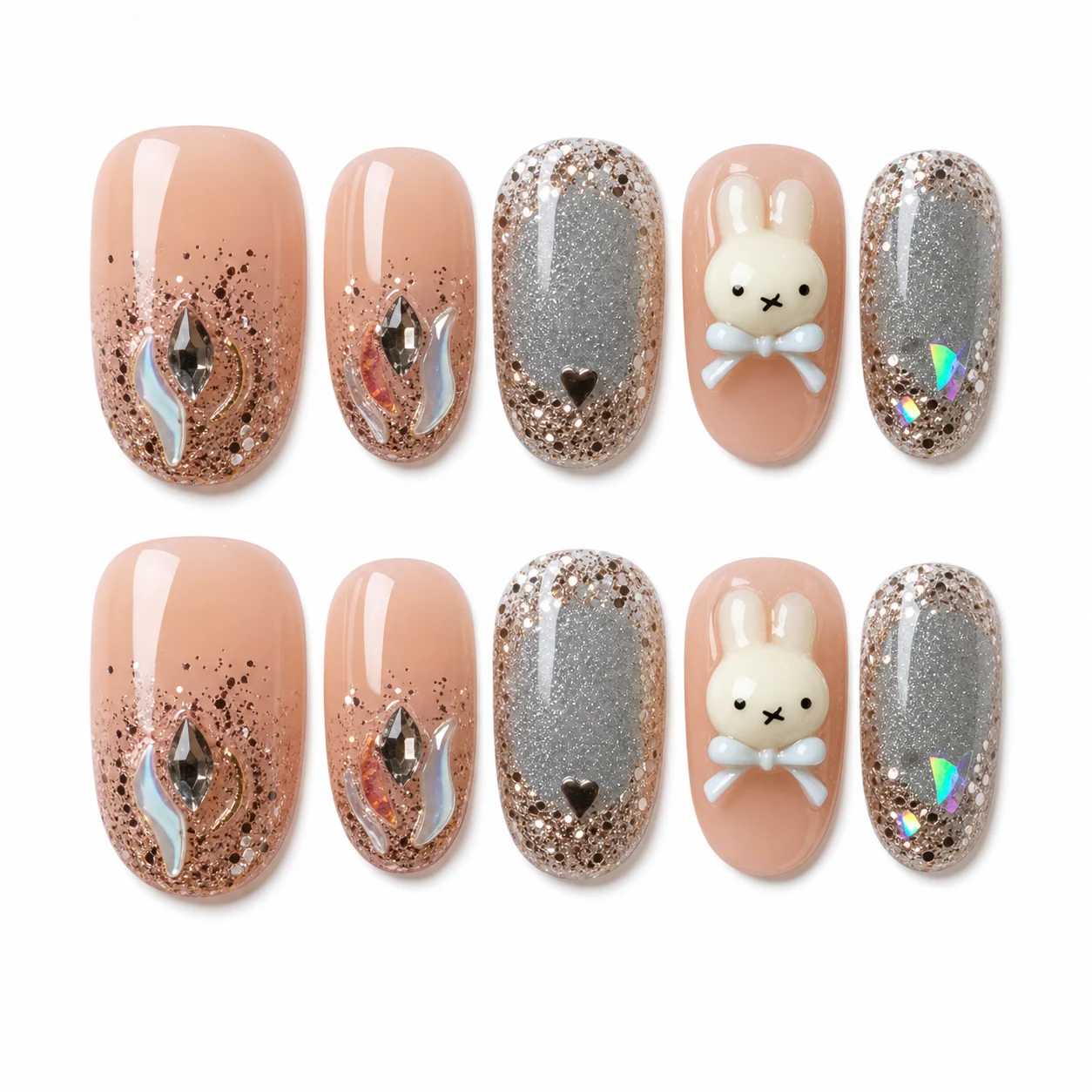 Woodland Bunny Chrome press-on nails with white bunny character