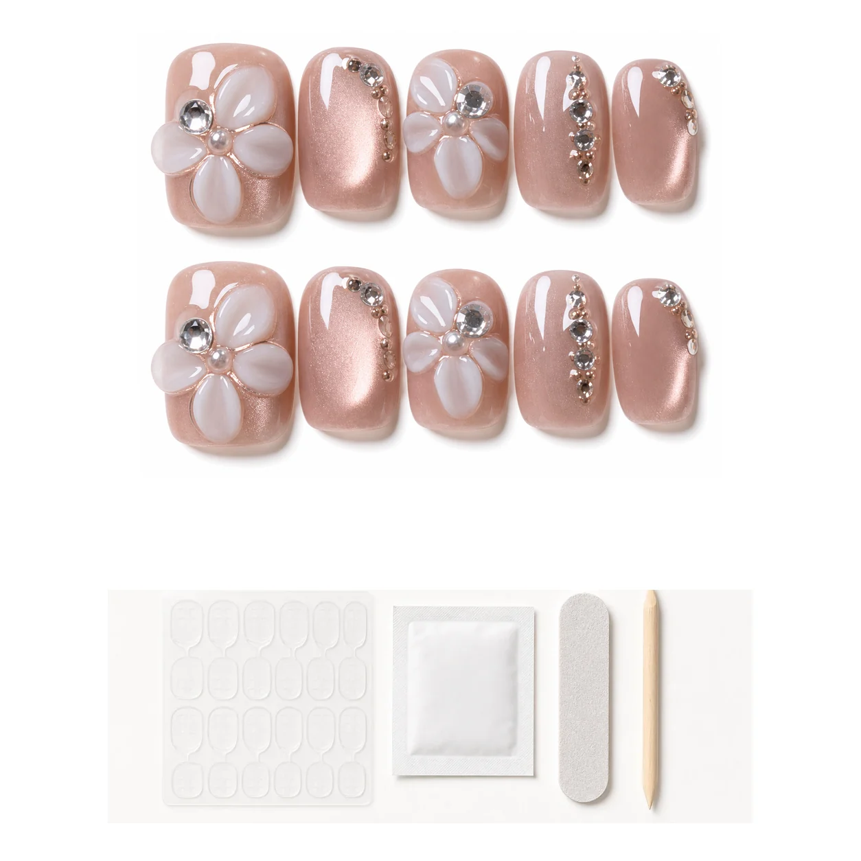 Application kit with glue and tools for Rose Gold Floral press-on nails