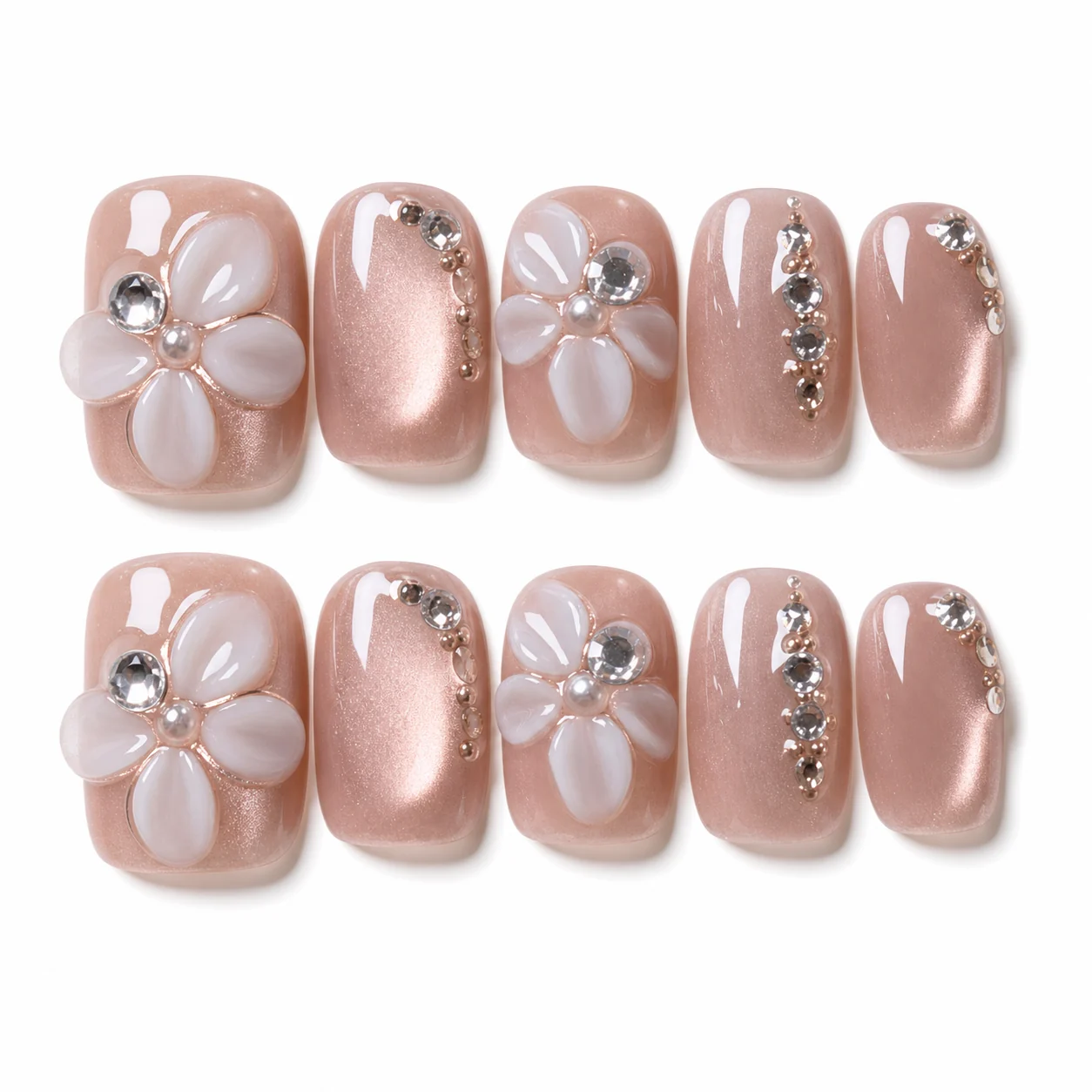 Rose Gold Floral press-on nails with sculpted flowers and crystal trails