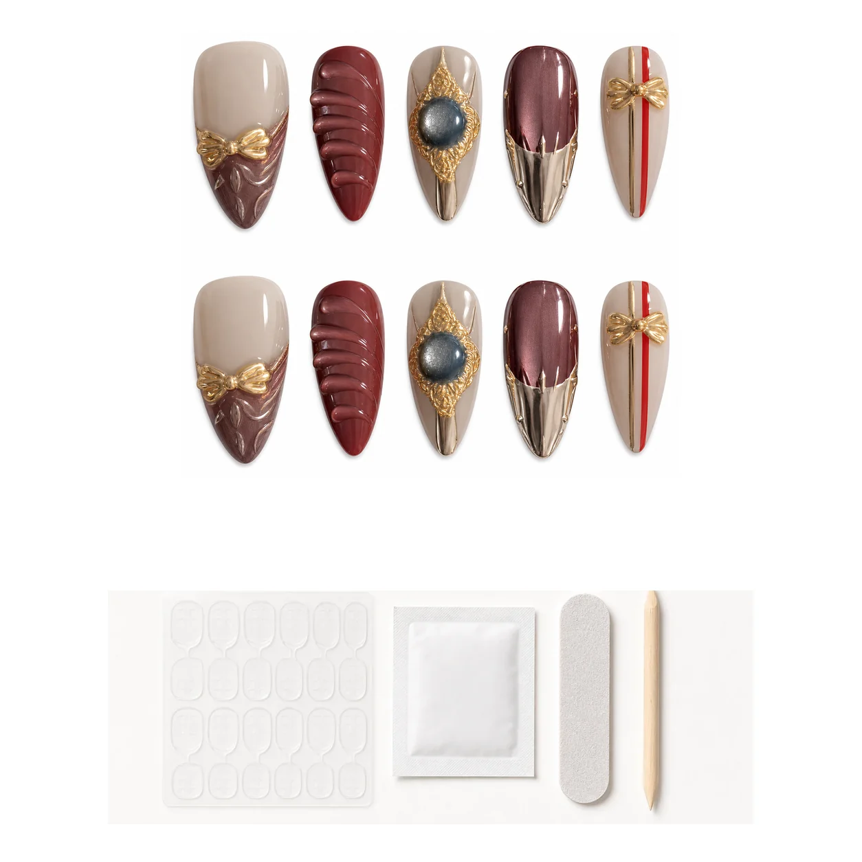 Application kit with glue and tools for Luxe Burgundy Gem press-on nails