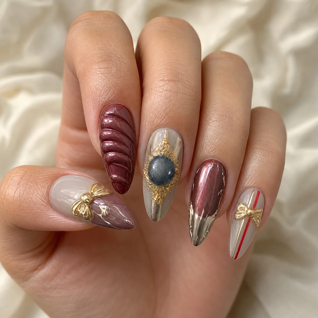 Model wearing Luxe Burgundy Gem press-on nails, long stiletto