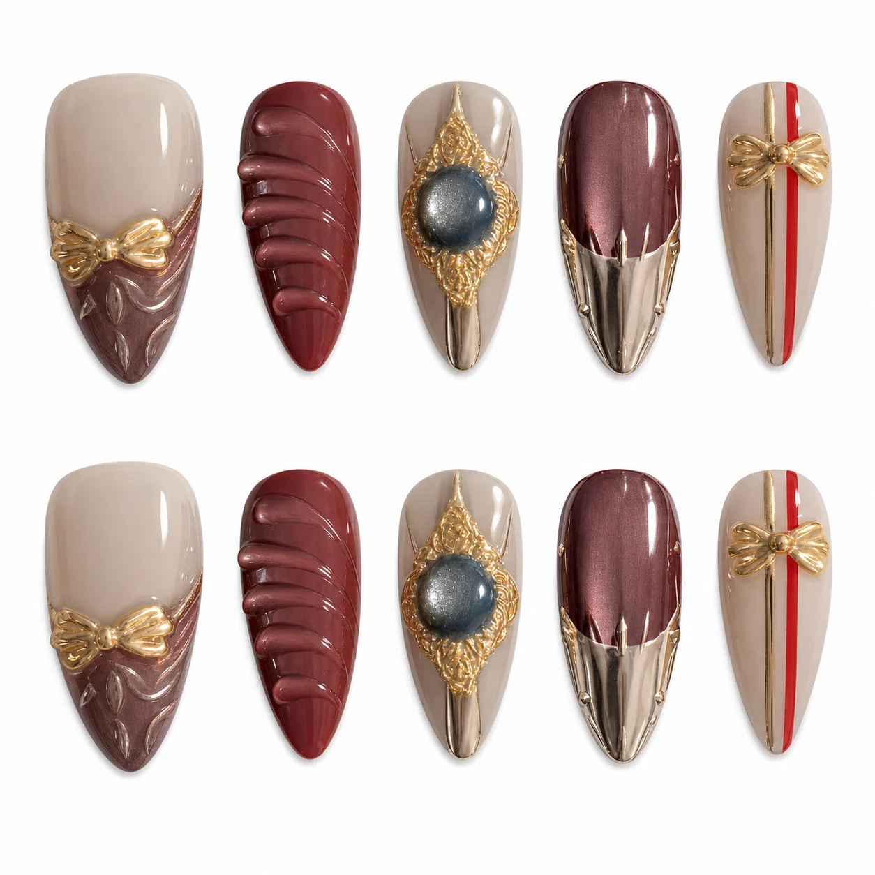Luxe Burgundy Gem press-on nails with antique-gold frames