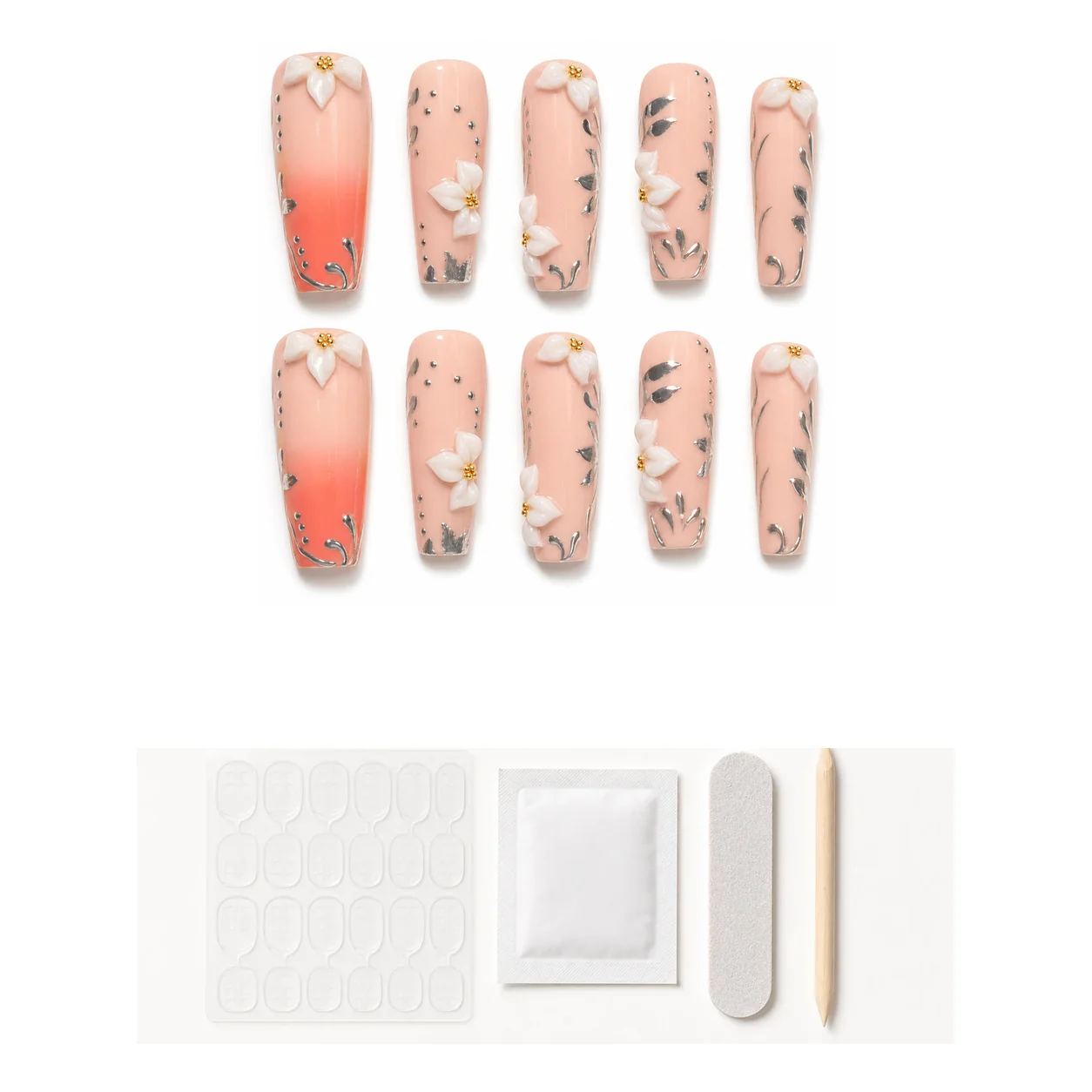 Application kit with glue and tools for Soft Pink Ribbon press-on nails