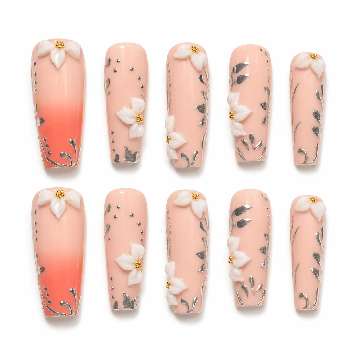Soft Pink Ribbon press-on nails with ribbon floral ombre