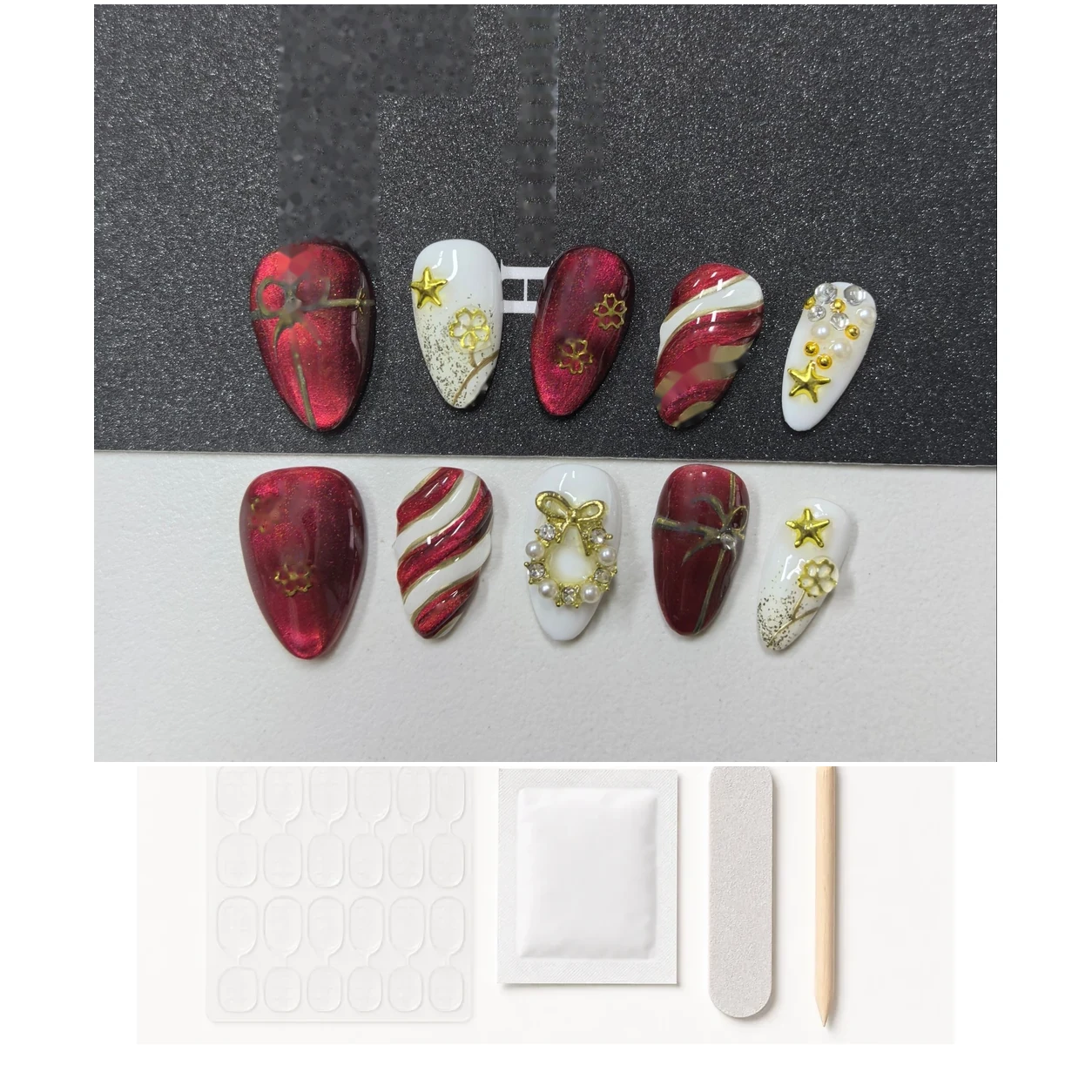 Christmas Candy Cane Red Press-On Nails application kit contents