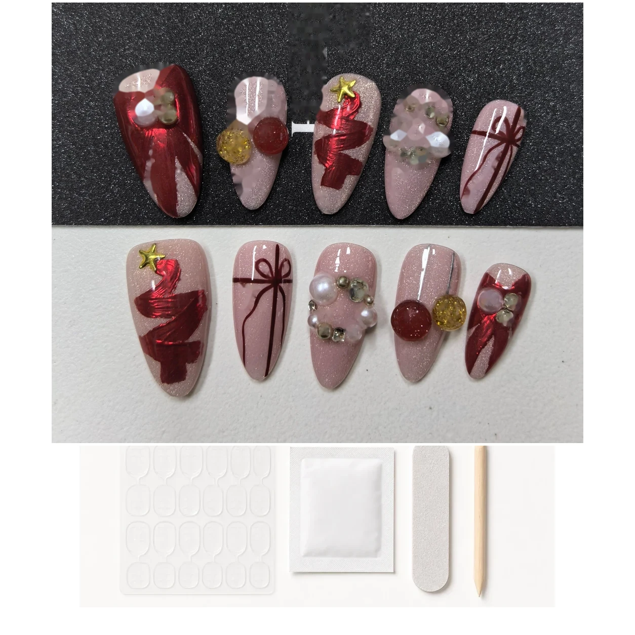 Christmas Gift Bow Pink Press-On Nails application kit contents