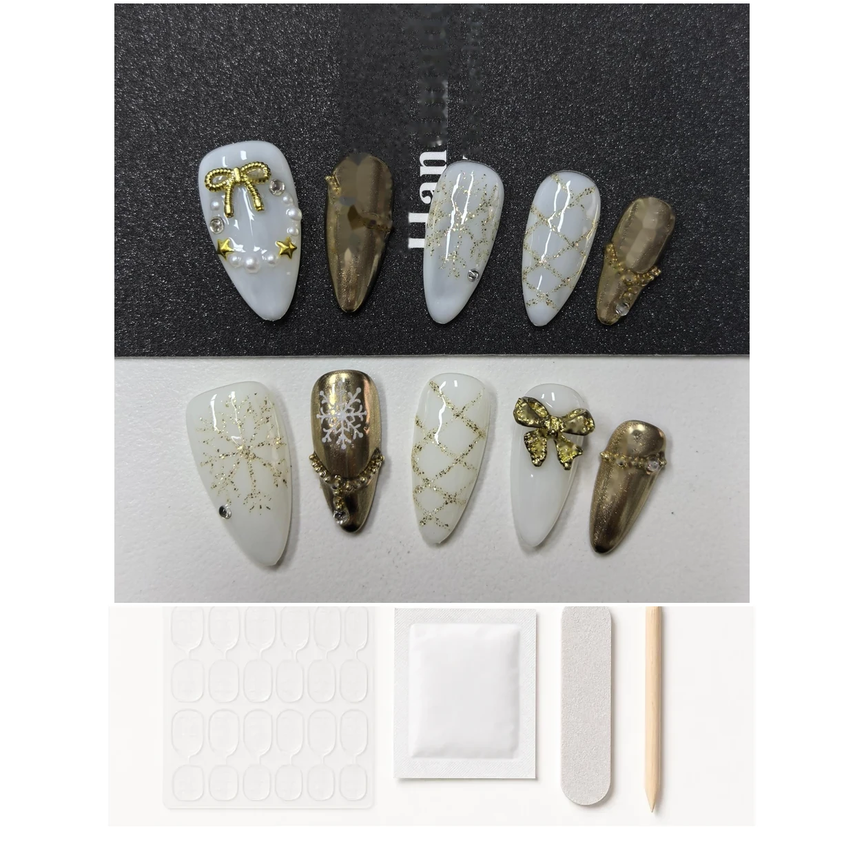 Christmas Gold Bow Chrome Press-On Nails application kit contents