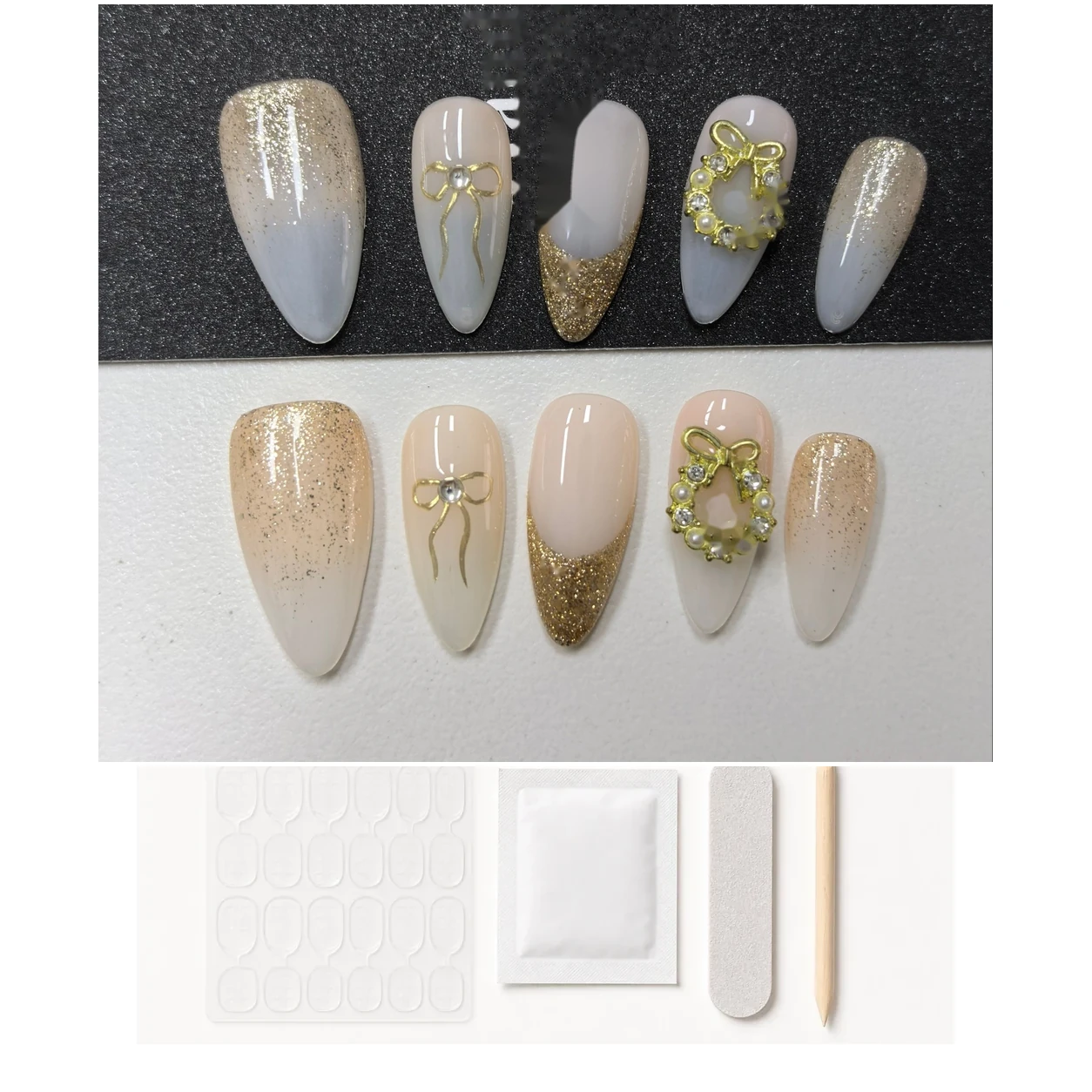 Christmas Gold Wreath Press-On Nails application kit contents