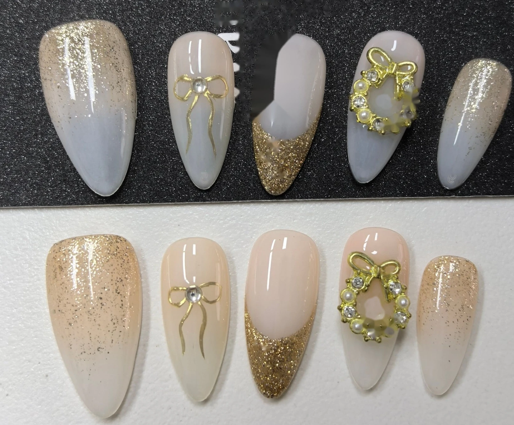Christmas Gold Wreath Press-On Nails design close-up