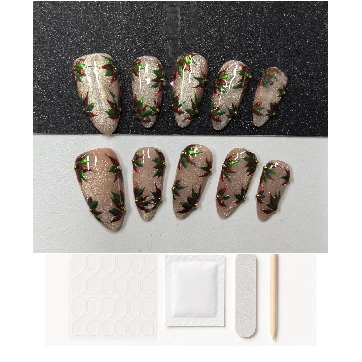 Christmas Holly Print Press-On Nails application kit contents