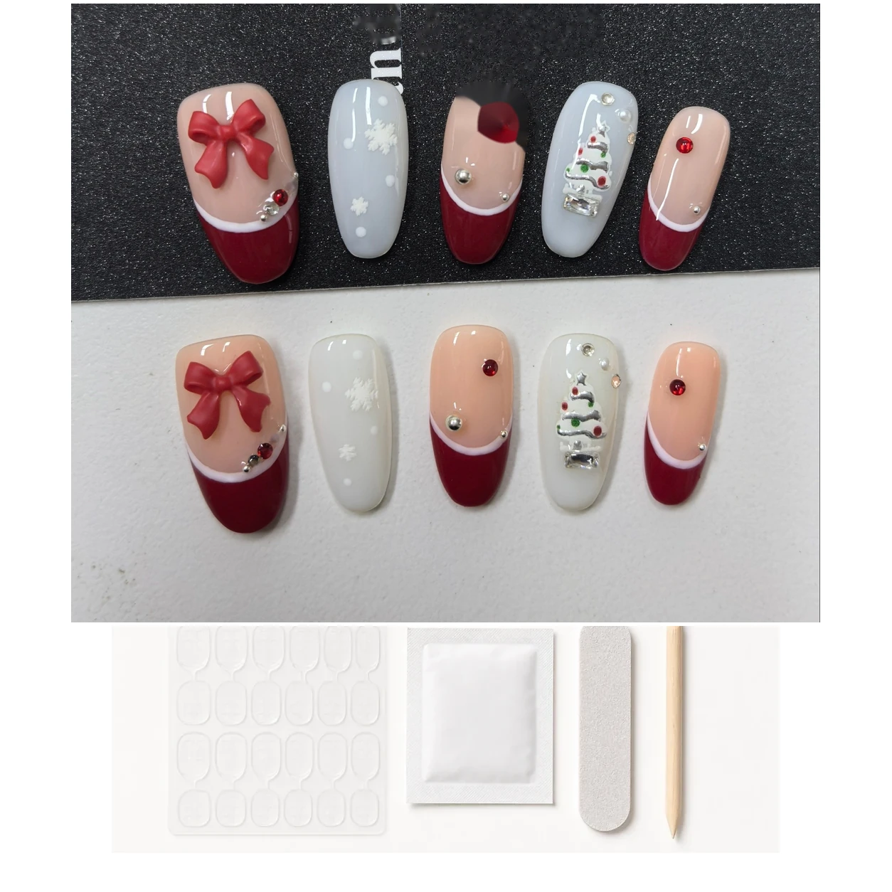 Christmas Tree Red French Press-On Nails application kit contents
