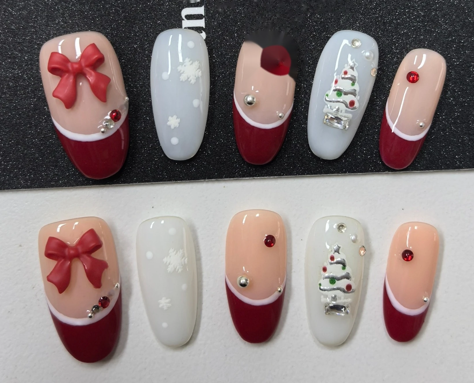 Christmas Tree Red French Press-On Nails design close-up