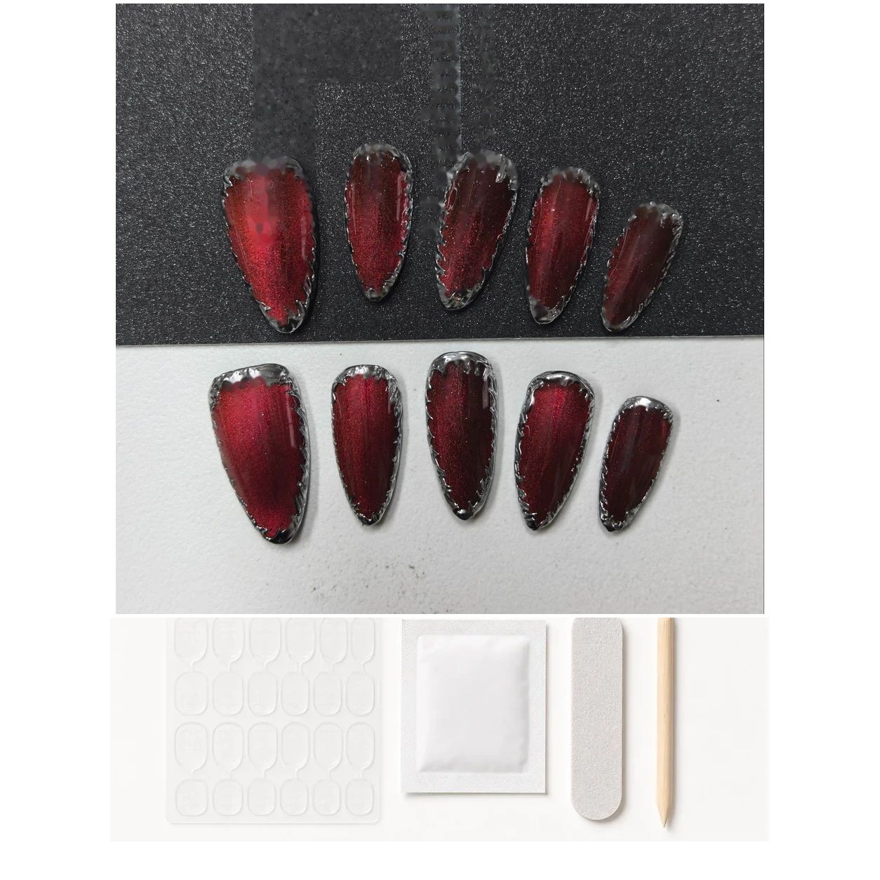 Christmas Wine Red Glitter Press-On Nails application kit contents